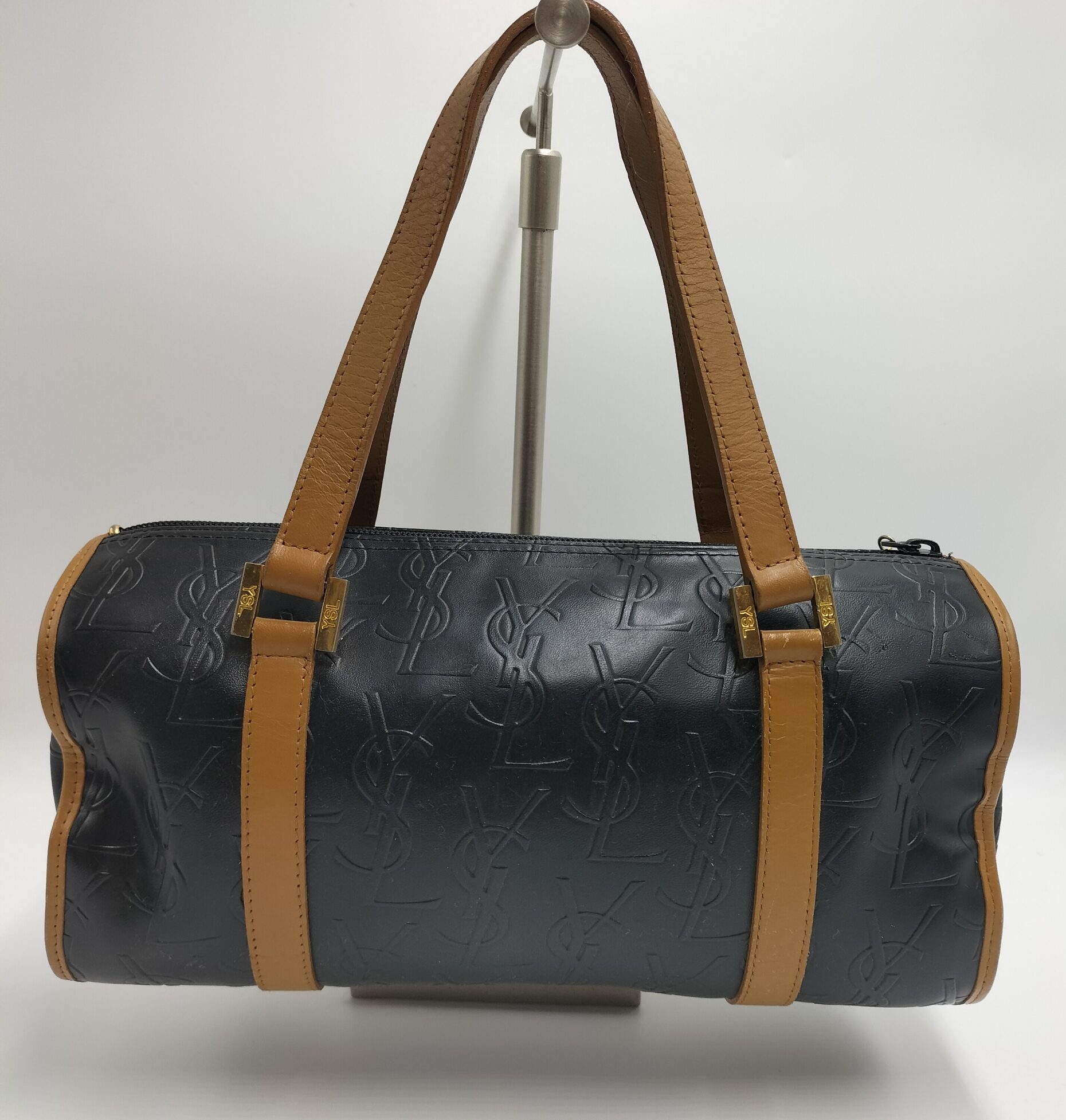 YVES SAINT LAURENT YSL Logo Embossed Vintage Charm Tote Bag Leather Black Brown