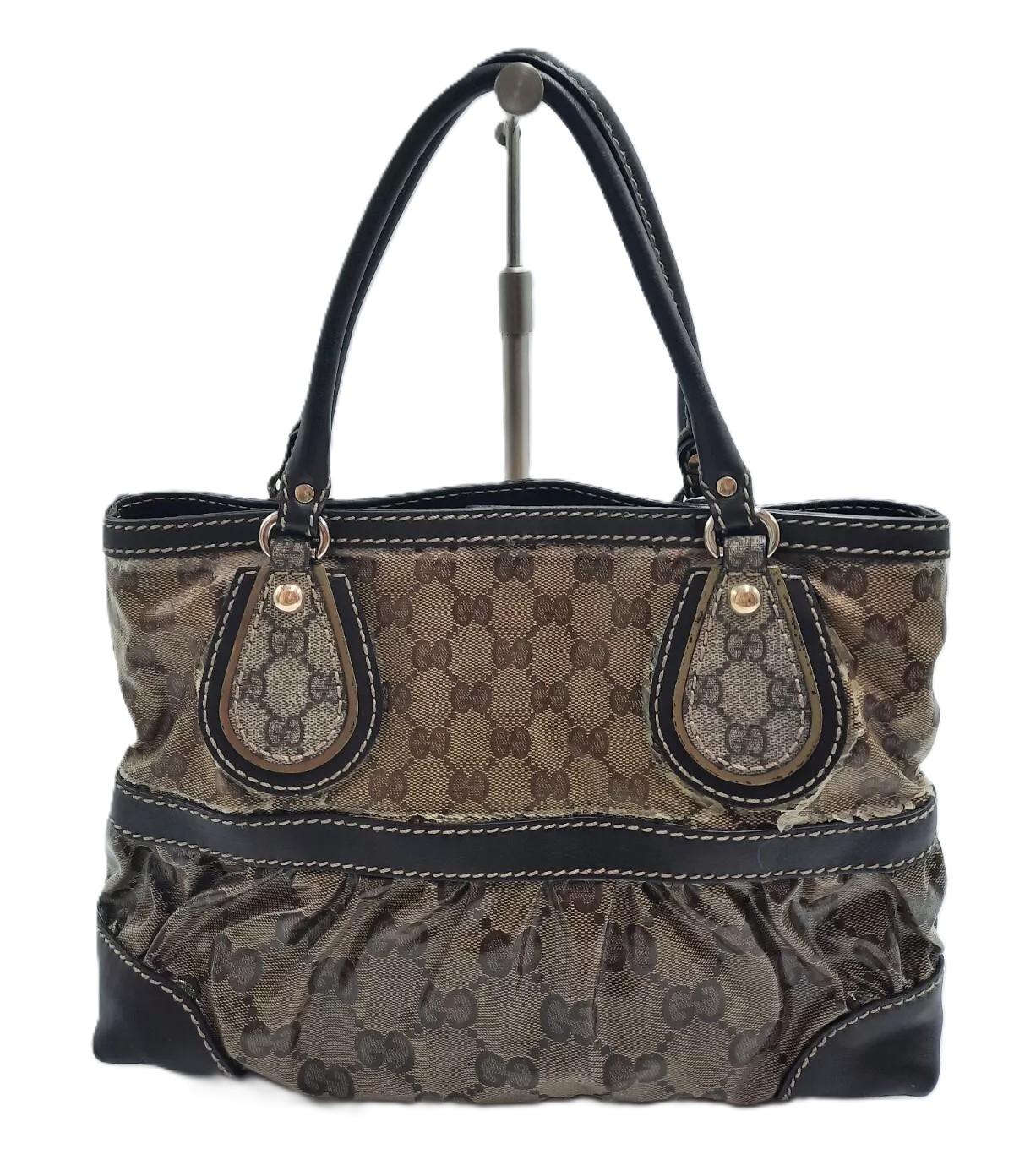 Gucci Signature Brown Tote Shoulder Handbag Closure Button.