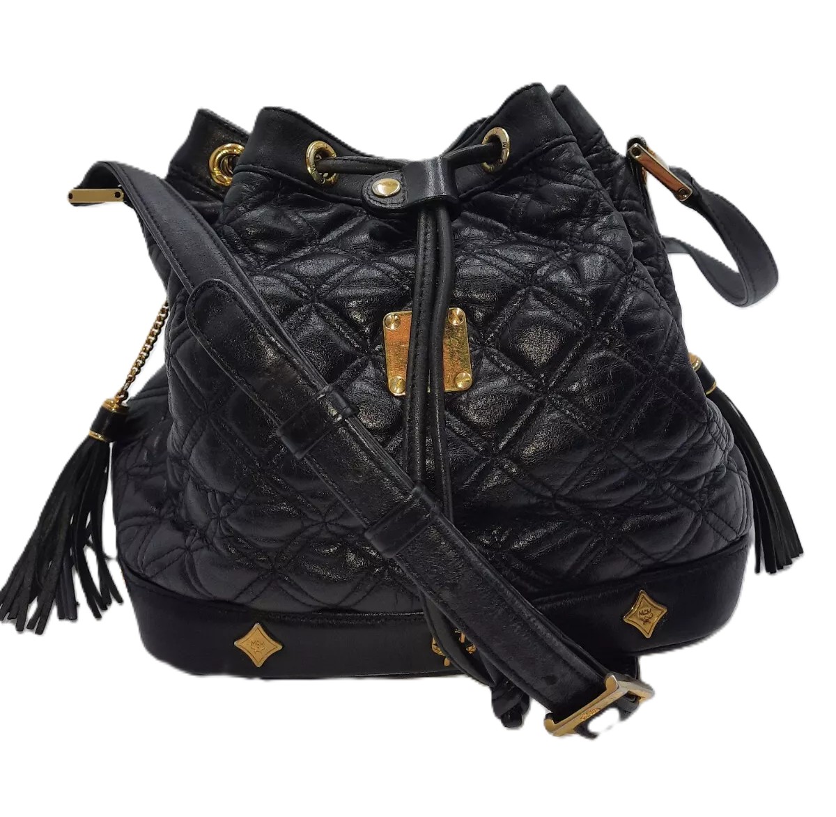 MCM Vintage Small Quilted Tassel Basket Leather Crossbody Handbag Black